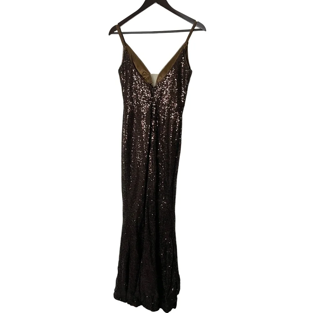Revelry Bronze Brown Sequin V-Neck Maxi Dress‎ Mermaid Formal Gown Size 4